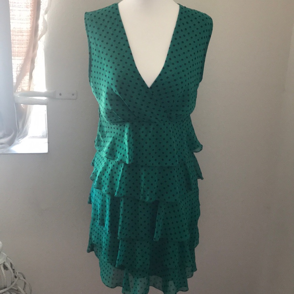 Green Ruflle Dress With Navy Polka Dot